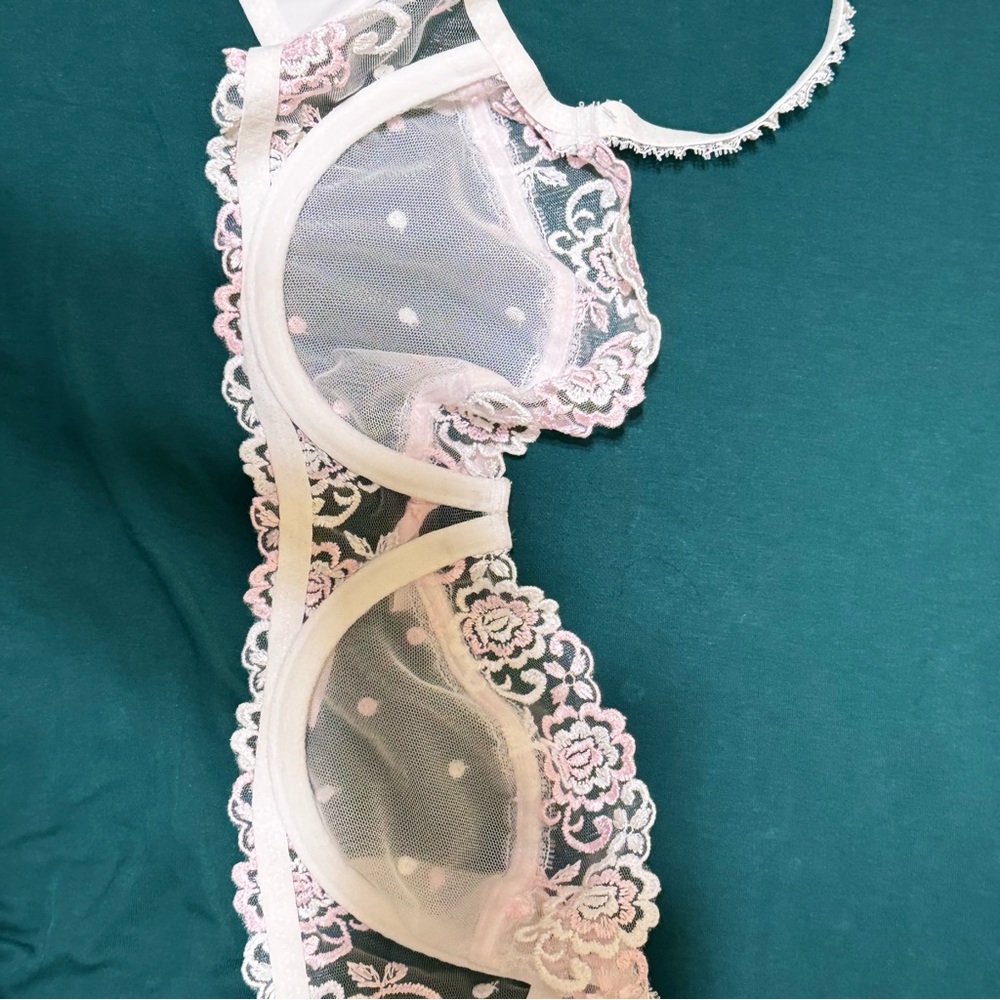 Elegant Sheer Lace Bra in White and Pink